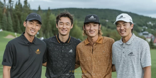 熊本市中央区のゴルフ場で、夕方のラウンド後に集まった40代男性ゴルファーが、ゴルフウェア姿でバストアップのリラックスした表情を見せている様子