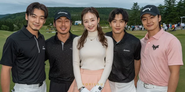 高槻市大蔵司周辺のゴルフ場で、雨天の中でも笑顔を見せる40代男性ゴルファーが、防寒ゴルフウェア姿でバストアップに写っている様子