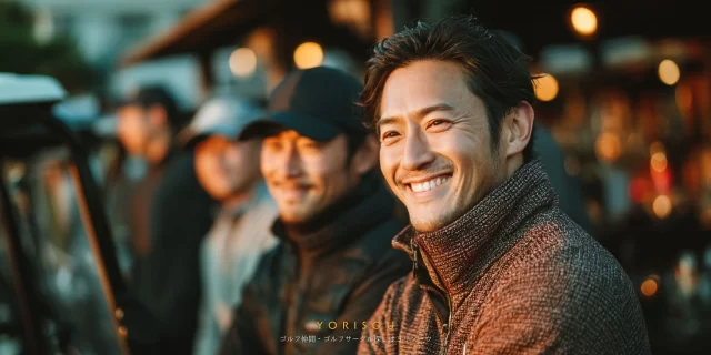 福岡市博多区那珂周辺在住の男性ゴルファー4人が夕方のラウンド後に並ぶ様子、博多区から無理なく通える距離感のゴルフ仲間