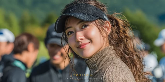 大野城市瓦田周辺でゴルフを楽しむ30代男性が、ゴルフウェア姿でバストアップ、周囲の仲間に囲まれて笑顔を見せている様子