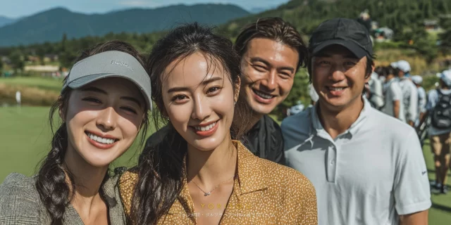 愛知県長久手市岩作エリアのゴルフ場で、男女混合のゴルファーがゴルフウェア姿でバストアップ、ラウンド後に集合写真を撮っている様子