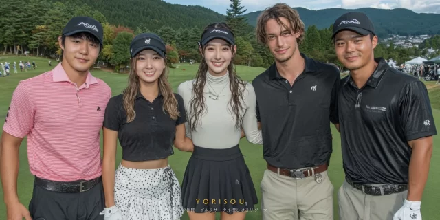 名取市近郊の緑に囲まれたコースで、ゴルフウェア姿の男性ゴルファーが仲間と会話しながらバストアップで穏やかな表情を見せている様子