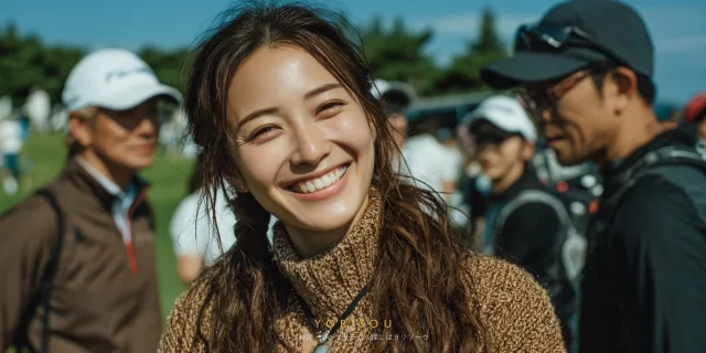 市川市宮久保エリアのゴルフ場にて、男女ペアのゴルファーがハイタッチを交わす瞬間を捉えたバストアップ写真