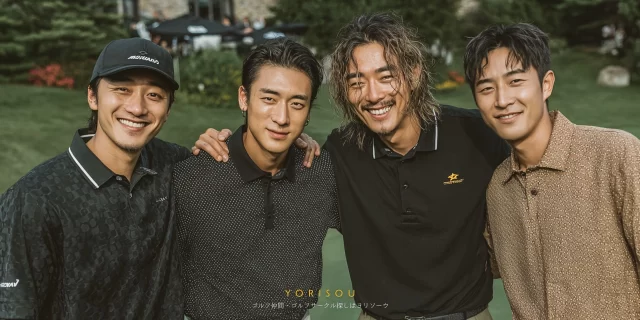  多摩市愛宕周辺に住む30〜40代男性ゴルファーが、週末ラウンドを楽しんでいる雰囲気の集合写真