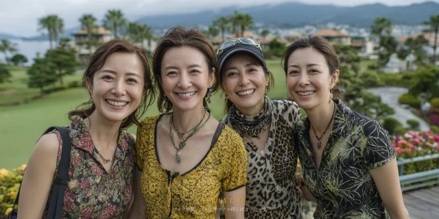 熊本市東区方面のゴルフ場で、30代男性ゴルファー4人が並び、フェアウェイを背景にバストアップで爽やかに笑っている様子