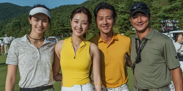 宮崎市清武町今泉付近のゴルフ場で、30代女性ゴルファーが仲間とハイタッチする瞬間を捉えたバストアップ写真、初対面でも打ち解けた雰囲気