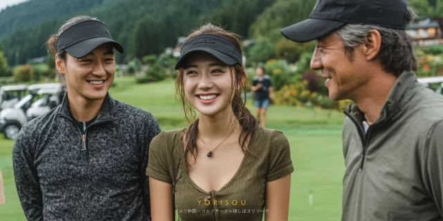 泉佐野市高松北エリアのゴルフ場で、女性ゴルファーが仲間とハイタッチを交わし、ゴルフウェア姿で楽しそうに笑っているバストアップの瞬間