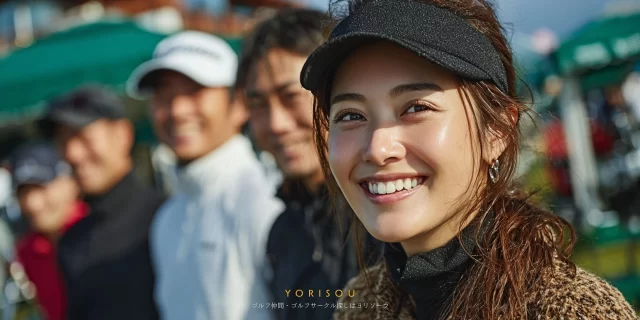 春日市エリアのゴルフ場で、20〜30代女性ゴルファーが仲間と並び、自然体の笑顔で写るバストアップ写真
