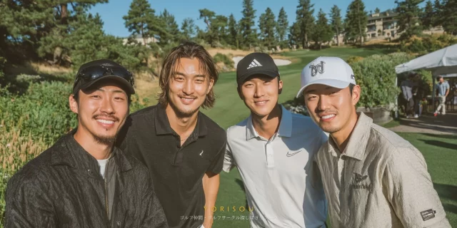 一宮市大和町エリアのゴルフ場で、ゴルフウェア姿の男性ゴルファー4人がバストアップで並び、仲間同士の距離感が伝わる自然な雰囲気の様子