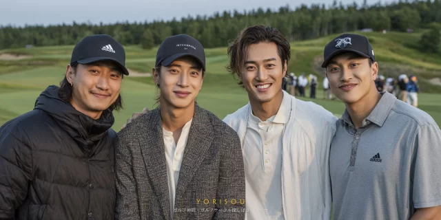 尾張旭市晴丘町近郊のコースで並ぶ男性ゴルファー4人、ラウンド後に穏やかに微笑むバストアップ写真