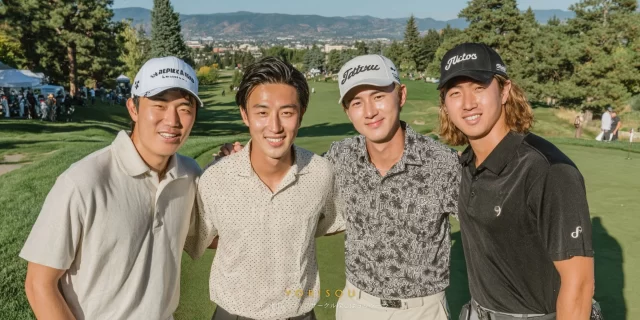 滝沢市篠木明法エリアのゴルフ場で、若い世代の男性ゴルファー4人がゴルフウェア姿でバストアップに写り、和やかに笑顔を交わしている様子