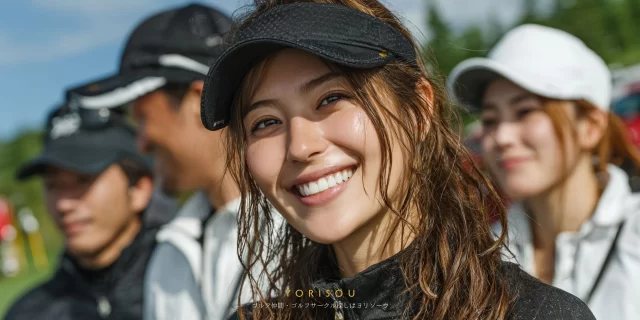 雫石町長山エリアのゴルフ場で、40代男性ゴルファーがゴルフウェア姿でバストアップに写り、周囲の仲間を見ながら穏やかに微笑んでいる様子