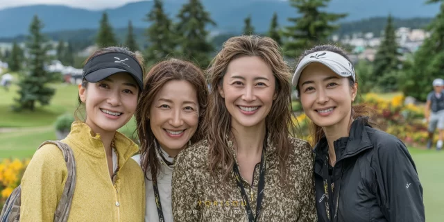 世田谷区成城八丁目周辺のゴルフ場で、30代〜40代の女性ゴルファー4人がゴルフウェア姿で親しげに並ぶ集合写真