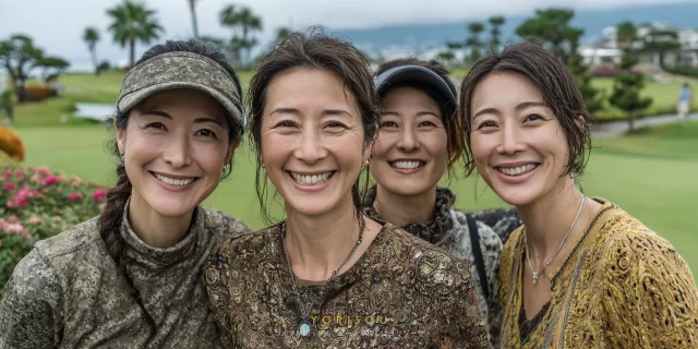 海老名市社家在住の女ゴルファーが、ゴルフ場のグリーン前でバストアップになり、世代を超えた自然な一体感を感じさせる構図。