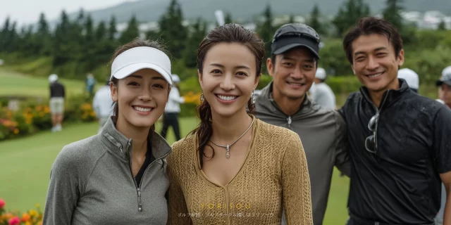 東広島市西条町のフェアウェイ付近で、プレーを終えて並ぶ20〜30代女性ゴルファー4人のバストアップ写真