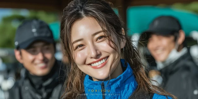 岩出市新田広芝のゴルフ場で、20代から30代の男女ゴルファーがゴルフウェア姿でバストアップで写り、集合写真として撮影されている様子