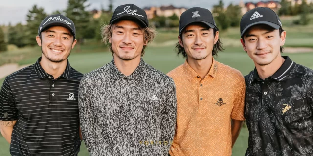 浦安市当代島在住の30〜40代男性ゴルファー4人が、ゴルフ場で並び立つ落ち着いた雰囲気のバストアップ写真