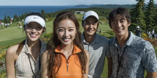 新潟市南区方面のゴルフ場で、男女ゴルファーがゴルフウェア姿でバストアップになり、カート付近で談笑している様子