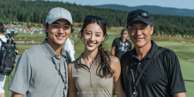 大田区南蒲田二丁目周辺から通いやすいゴルフ場で、30代のゴルファーが笑顔で楽しんでいる様子