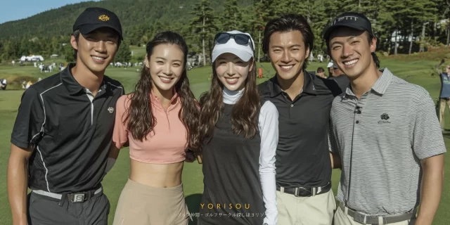 甲府市大里町のゴルフコースで、女性ゴルファー4人がゴルフウェア姿でバストアップになり、仲の良さが伝わる笑顔を見せている様子