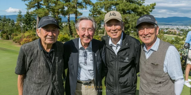 桑名市多度町近郊のゴルフ場で、ゴルフウェア姿の70代男性ゴルファー4人がバストアップで並び、同年代同士で和やかに微笑んでいる写真