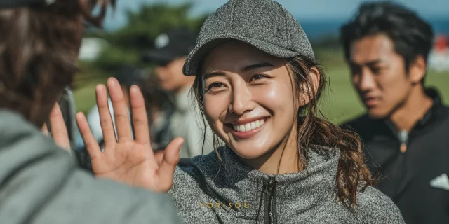 神戸市西区のゴルフ場で、20〜30代の女性ゴルファー3人がゴルフウェア姿で明るく笑顔を見せるバストアップ写真