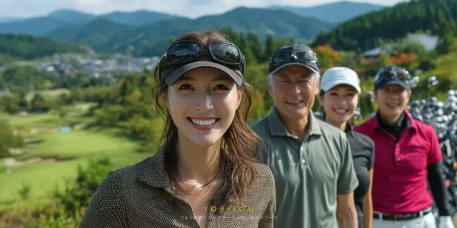 奈良市月ヶ瀬方面のゴルフ場で、ゴルフウェアを着た30代女性ゴルファーが、仲間とハイタッチする直前の笑顔をバストアップで捉えた様子