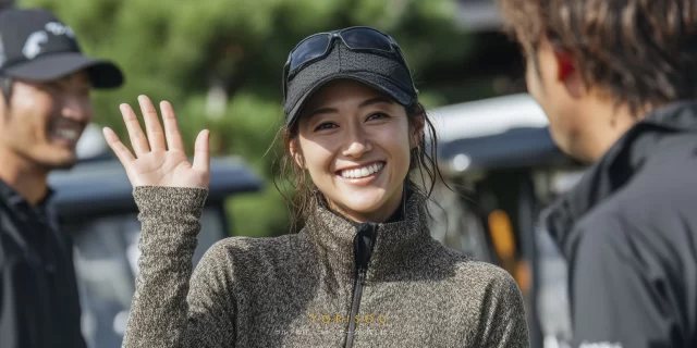 山口市小郡のゴルフ場で、同じ組でプレーする仲間と談笑する50代男性ゴルファーのバストアップ写真