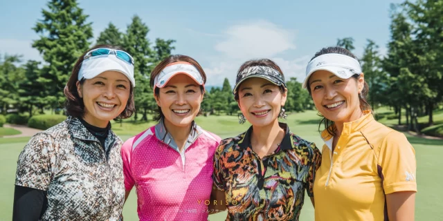 市原市ちはら台周辺で、40〜50代女性のゴルフ仲間が安心して笑顔で集まっている様子