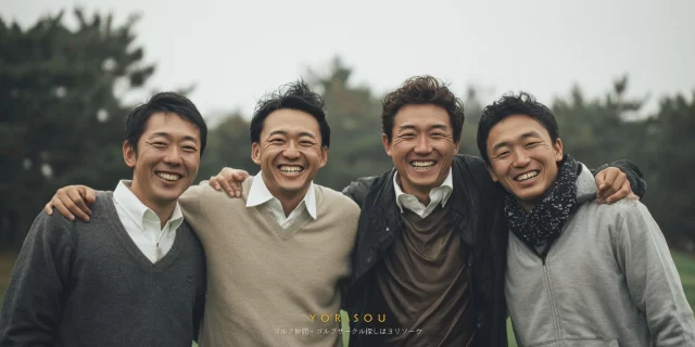 市原市五井エリアで、40代男性のゴルフ仲間が自然につながり笑顔で並んでいる雰囲気