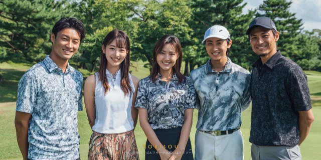 市原市五井周辺で、40代中心の男女ゴルフ仲間が自然な距離感で並んでいる様子