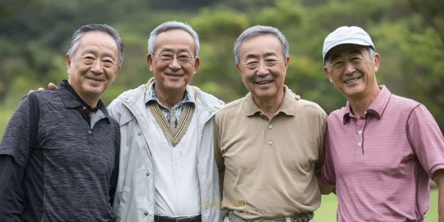 市原市国分寺台周辺で、60代男性のゴルフ仲間が落ち着いた雰囲気で並んでいる様子