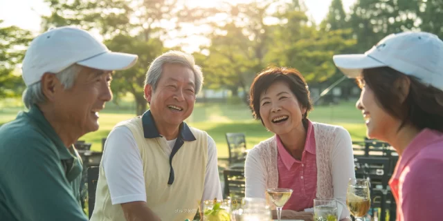 市原市姉崎エリアのゴルフ場で、ラウンド後に60代前後のゴルフ仲間が食事をしながら笑顔で会話している風景