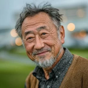 大阪市北区在住の60代男性ゴルファーが、ゴルフウェア姿で穏やかに微笑む様子