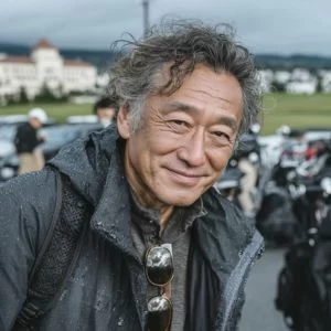 堺市在住の60代男性ゴルファーが、ゴルフウェア姿でバストアップ、落ち着いた表情でリラックスしている様子