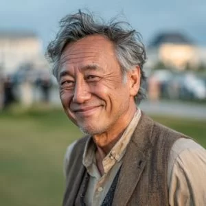 大和市在住の60代男性ゴルファーが、ゴルフウェア姿でバストアップの距離感で立ち、リラックスした表情を見せている様子