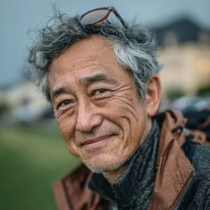 杉並区在住の60代男性ゴルファーがゴルフウェア姿でバストアップの自然な笑顔を見せている様子