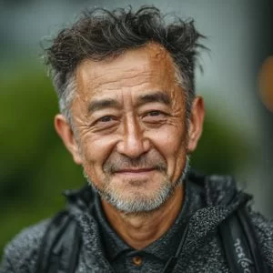 別府市古市場周辺で、ゴルフウェア姿の60代男性ゴルファーがバストアップの状態で穏やかに微笑んでいる様子