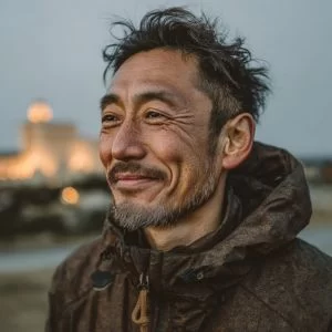 大阪市中央区在住の50代男性ゴルファーが、落ち着いた表情で写るバストアップ写真