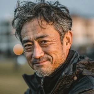 杉並区周辺でゴルフを楽しむ50代男性ゴルファーのバストアップ写真、ゴルフウェア姿で落ち着いた表情