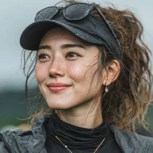 鹿児島市でゴルフ仲間と出会った30代女性ゴルファーが、ゴルフウェア姿でバストアップの自然な表情を見せている様子