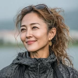 早良区でゴルフ仲間を見つけた30代女性が、ゴルフウェア姿でバストアップで自然な表情をしている様子