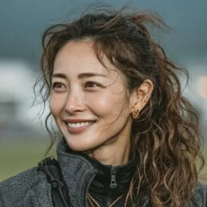 廿日市市のゴルフ場で、ゴルフウェア姿の30代女性ゴルファーがバストアップで写り、自然な笑顔を見せている様子