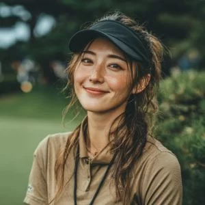 千代田区でゴルフ仲間を見つけた30代女性ゴルファーが、ゴルフウェア姿でバストアップの自然な表情を見せている様子