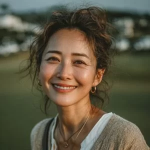 岩手在住の50代女性ゴルファーが、ゴルフウェア姿でバストアップに写り、平日ラウンドを楽しむ穏やかな笑顔を見せている様子