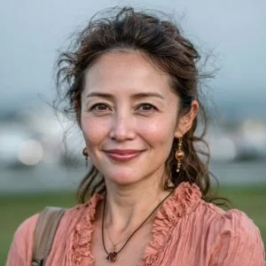 広島市在住の50代女性ゴルファーが、平日にゴルフを楽しむ様子をバストアップで明るく写した写真