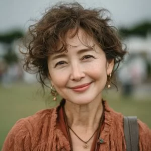 杉並区在住の中川さん(50代女性)がゴルフウェア姿でバストアップの笑顔を見せるエンジョイ派ゴルファーの様子