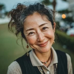 つくば市在住の50代女性ゴルファーが、平日ゴルフを楽しむ様子で、ゴルフウェア姿のバストアップ写真