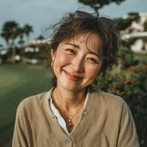 神戸市在住の50代女性ゴルファーが、平日中心のラウンドでゴルフウェア姿のバストアップで穏やかに笑っている様子