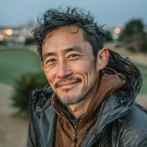 北広島市在住の40代男性ゴルファーが、ゴルフウェア姿でバストアップの穏やかな表情を見せている様子